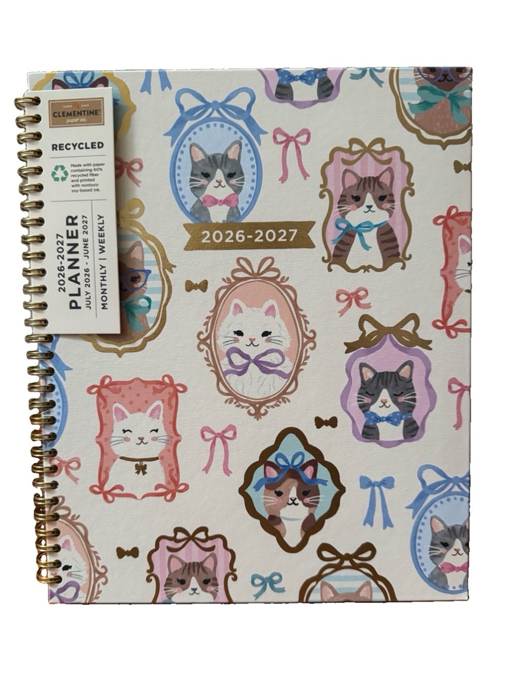 Clementine Paper inc.12 month Large Size Planner 11x9” Cat Pink Floral 2026-2027